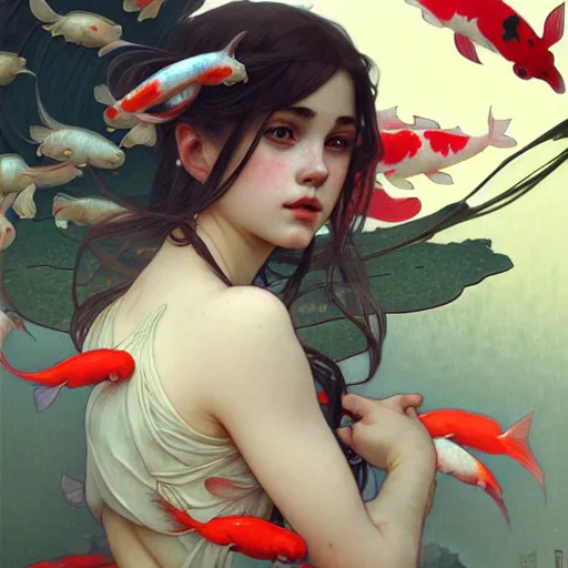 Image similar to Portrait of a girl surrounded by Koi fish, face, fantasy, intricate, elegant, highly detailed, digital painting, artstation, concept art, smooth, sharp focus, illustration, art by Krenz Cushart and Artem Demura and alphonse mucha