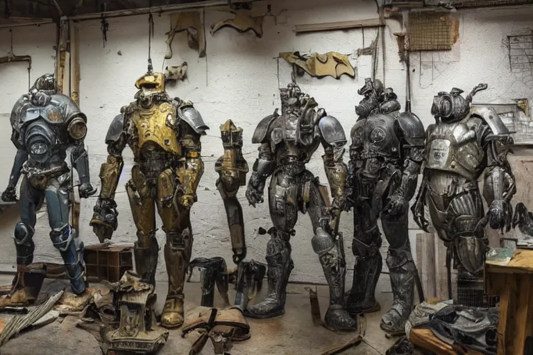 Image similar to photo taken of an epic intricate, ultra detailed, super realistic gritty, hero prop, exquisitely weathered very clunky, bulky fallout 5 power armour suits movie prop replica's in a row in the workshop, created by weta workshop, full body shot, photorealistic, sharp focus, white wall, cold colour temperture, golden ratio