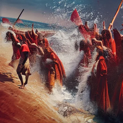 Prompt: epic photo of moses parting the red sea, while holding the staff in hand, with water parting on both sides, left and right, amazing quality, cinematic, 8 k 1 0 2 4 x 1 0 2 4