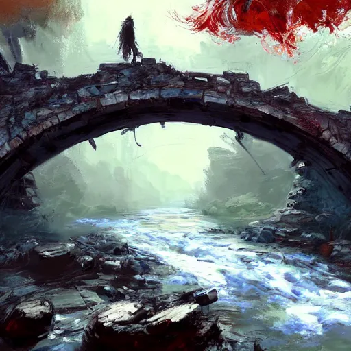 Prompt: acrylic painting, impressionism and expressionism, bold colors, expressive brushstrokes. a stone bridge over a river in riverwood, skyrim. raining. overcast. fantasy art by wadim kashin, cgsociety, nature art