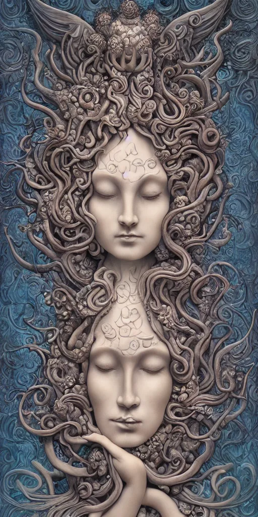 Image similar to a sculpture of mythical creatures by hannah yata, elegant and beautiful female face with her third eye open, carved in stone, intricate, elegant, highly detailed, digital painting by audrey kawasaki, artstation, concept art, ambient occlusion, smoke, foggy vray render,