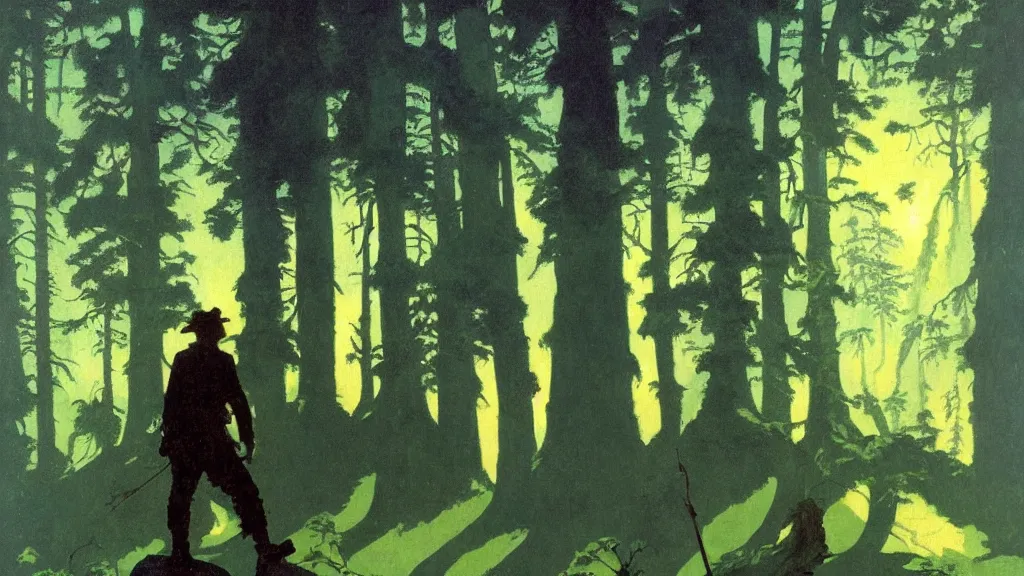 Prompt: silhouette of an explorer in a hilly green blue fantasy redwood forest with ponds at dusk. perspective landscape fantasy. high contrast, strong shadows. deep colorful soft gradients, rich blue tones. by norman rockwell, johfra bosschart, and eyvind earle. artstation