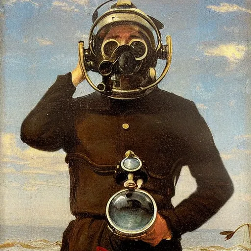 Image similar to portrait of a diver with an antique diving helmet by alfred stevens