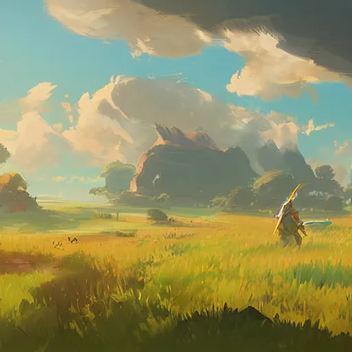 Image similar to landscape of a field. clean sharp digital art, environment concept art, by rossdraws, ghibli, breath of the wild, greg rutkowski