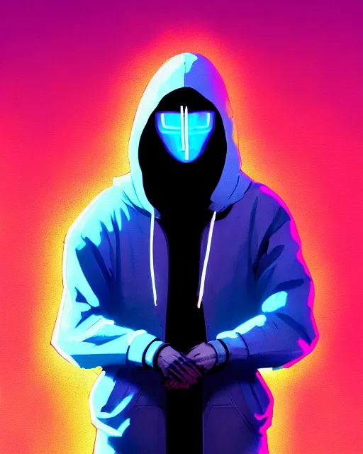 Image similar to cyberpunk synth, hyper - realistic portrait of a man in a hoodie with detailed neon mask, cyberpunk, by atey ghailan, by greg rutkowski, by greg tocchini, by james gilleard, by joe fenton, by kaethe butcher, dynamic lighting, gradient light blue, brown, cinematic lighting color scheme, sharp focus, grunge aesthetic