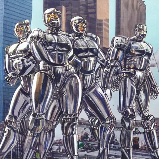 Prompt: 1990's sears portrait photo, a giant massive group of extremely muscular ripped men wearing full-body shiny reflective silver latex pants shirts and masks, melting and merging together to form a gigantic walking mecha robot in the center of a New York City street, sunset sky, ultra-detailed, photorealistic