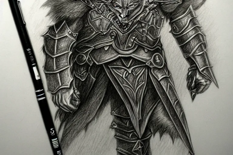 Image similar to a pencil drawing of a wolf, full body, D&D, armor, made by by Pen Tacula