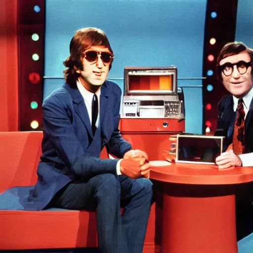 Image similar to on the full color tv set of ed sullivan, john lennon is guest starring as the host, 7 0 s color grade