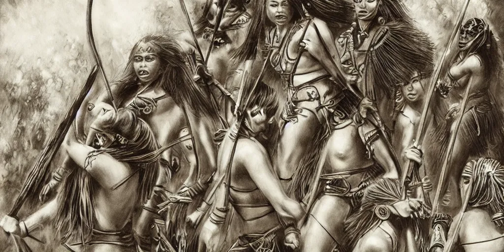 Image similar to movie, beautiful distanced aztec warrior female tribes attack each other,bows and arrows, spears, epic, vintage, black and white, Boris vallejo, sepia, apocalypto