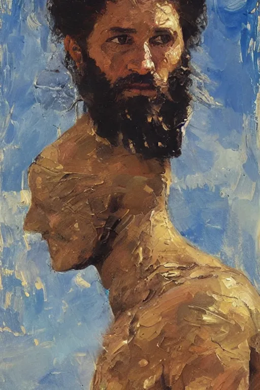 Image similar to highly detailed palette knife oil painting of a historically accurate depiction of the ancient biblical eqgptian prince moses, thoughtful, by Peter Lindbergh, impressionistic brush strokes, painterly brushwork