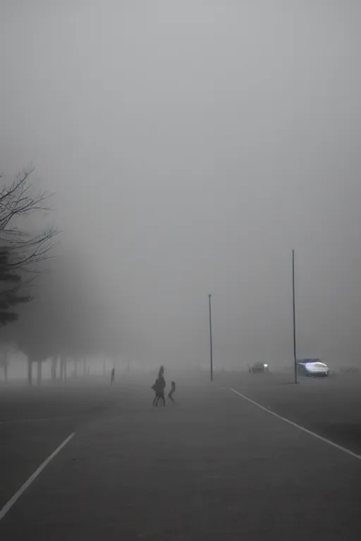 Image similar to empty parking lot, foggy, silhouettes of people floating in sky