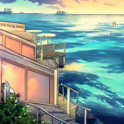 Image similar to a costal florida town at midnight, dark outside, ocean nearby, modern anime style, official anime still