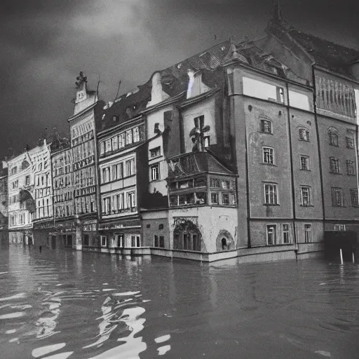 Prompt: Photo of Wroclaw during 1997 red wine flood, award winning Polaroid