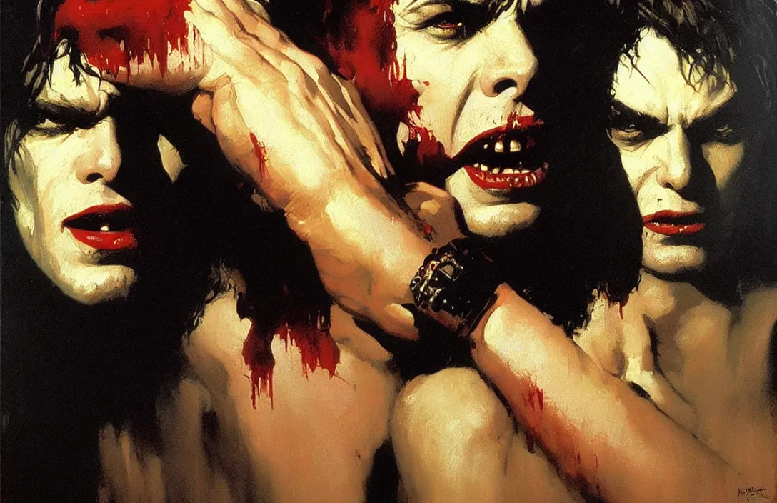 Image similar to portrait of 1 9 8 0's film vampire!!!!!!!!!!!!!!!!!!!!!!!!!!!, detailed face, detailed painting,, epic lighting, by ilya repin, phil hale and kent williams