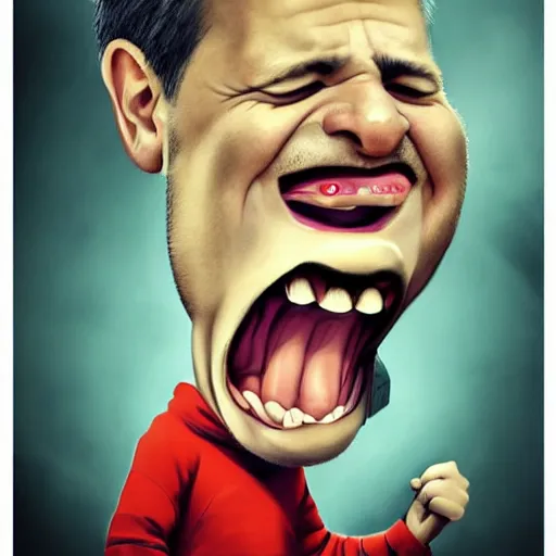 Prompt: Father yelling energetically with a big mouth at his little son who keeps his head down., caricature portrait exaggerated by Sebastian Krüger and Bruno Tesse trending on artstation, hyperdetailed, humor, perfect composition