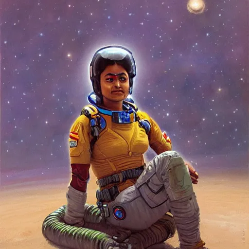 Image similar to a female space cadet from india, resting after a hard mission, happily tired, sci fi character portrait by Donato Giancola