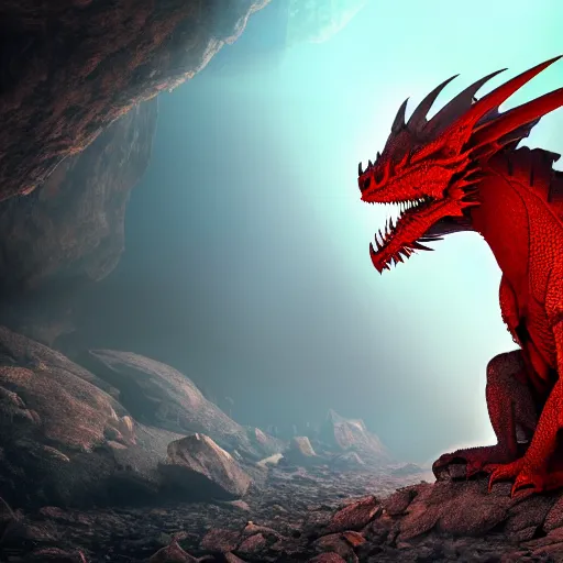 Image similar to photo of a large red scaly dragon sleeping on a mountain of human bones in a dark dusty cave with a ray of light shining on it\'s face. Very detailed 8k. fantasy