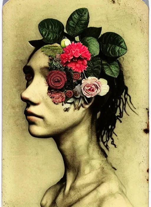 Image similar to beautiful and detailed rotten woman made of plants and many types of stylized flowers like carnation, chrysanthemum, roses and tulips, intricate, surreal, john constable, guy denning, gustave courbet, caravaggio, romero ressendi 1 9 1 0 polaroid photo