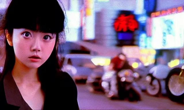 Image similar to full - color cinematic movie still from a 1 9 8 8 live - action adaptation of akira starring japanese actress kanna hashimoto, in neo tokyo. science - fiction ; action ; gritty ; dystopian ; violent ; apocalyptic. detailed facial - features.