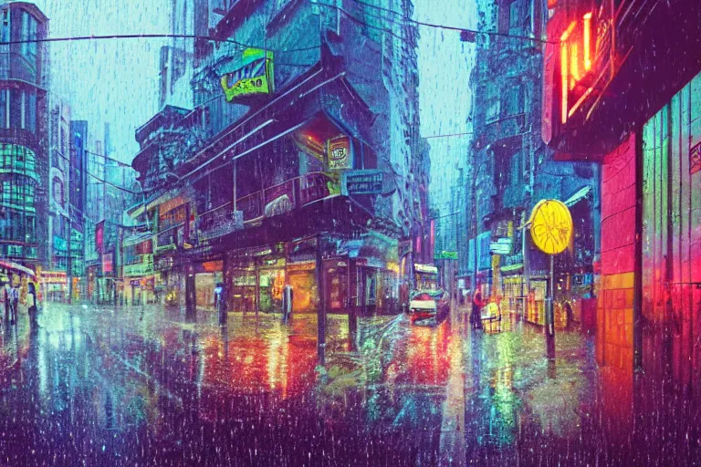 Image similar to Bustling photorealistic!!! rainy (((neon))) street in a utopian city illustrated and reimagined by Max Hay, inverted fisheye lens!!!, eyelevel!!! view!!! photography, trending on artstation, 4k, 8k, lens distortion, chromatic aberration, soft focus blur, photorealistic imagery, photorealistic details, intricate, highly detailed, artstation 3d, artstation render, artstation 3d render, 3d art, unreal engine 3d, octane 3d, blender 3d, 3d landscape