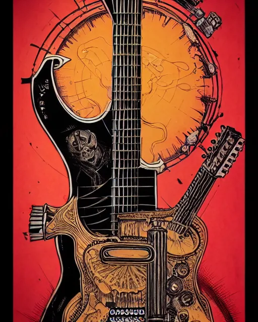 Image similar to a majestic steampunk alchemists guitar leaning on an guitar amp, two point perspective, furniture, high details, bold line art, by vincent di fate and joe fenton, inking, etching, screen print, masterpiece, trending on artstation, sharp, high contrast, hyper - detailed,, hd, 4 k, 8 k