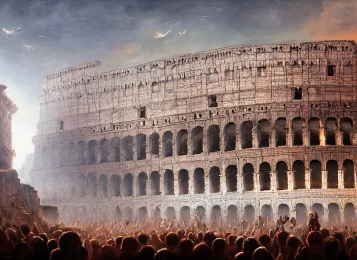 Prompt: Colosseum interior in the 100AD with two fighters in the middle and crowds cheering in kindah,digital art,realistic,detailed,art by greg rutkowski
