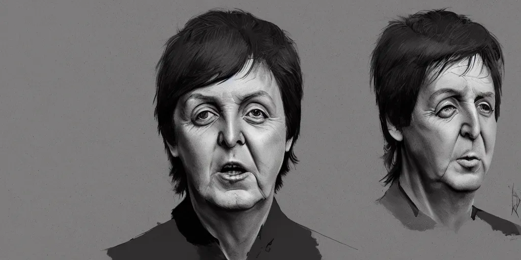 Prompt: Paul McCartney portrait, kim jung gi style, Greg Rutkowski, Zabrocki, Karlkka, Jayison Devadas, trending on Artstation, 8K, ultra wide angle, zenith view, pincushion lens effect