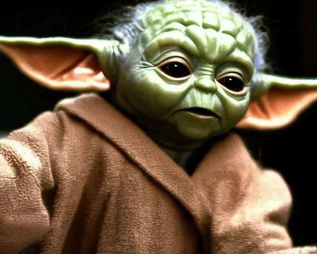 Image similar to Film still close-up shot of Baby yoda as Michael Myers from the movie Halloween. Photographic, photography