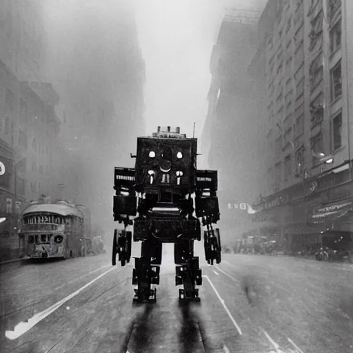 Prompt: old black and white photo, 1 9 1 3, depicting a dieselpunk giant robot mech rampaging through the bustling streets of new york city, historical record, volumetric fog