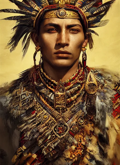 Image similar to Aztec king, handsome, portrait, intricate, elegant, feathers, volumetric lighting, scenery, digital painting, highly detailed, artstation, sharp focus, illustration, concept art, ruan jia, steve mccurry