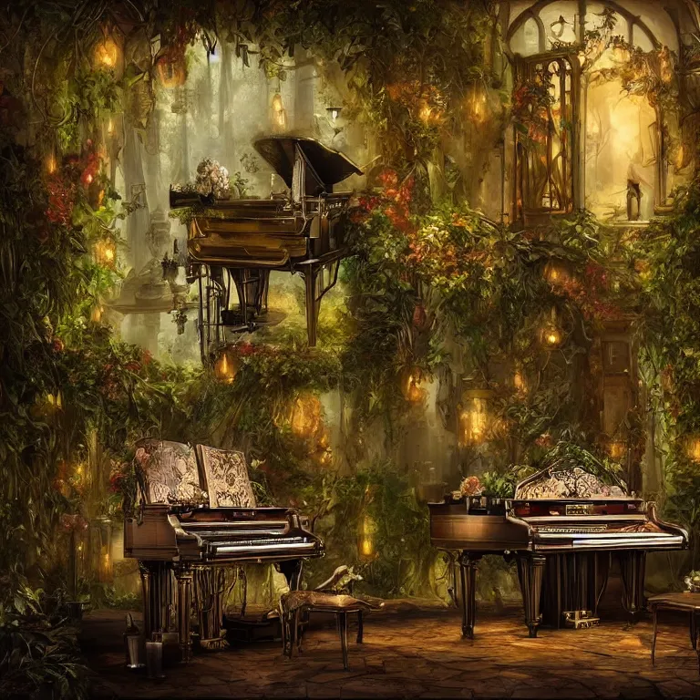 Prompt: a steampunk piano in a room covered with foliage, clockwork, somber melancholic matte painting, elegant oil painting, liminal space, 8k, stillness, solitude, warm lovely sentimental atmosphere, masterpiece