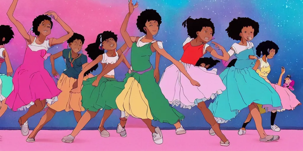 Image similar to colourful, beautiful black girls dancing ,in the style of studio Ghibli,