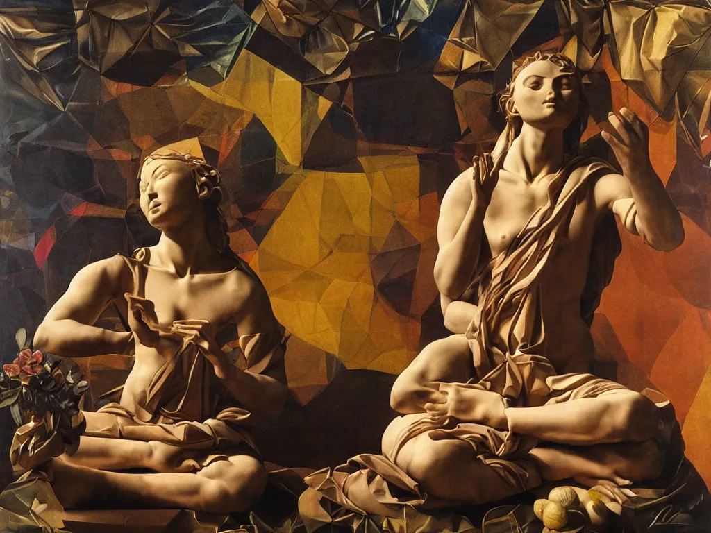Image similar to hyperrealistic still life painting of a 3d statue sitting down cross legged goddess meditating, wrapped in fabric and gently smiling, surrounded by prisms in a tesseract, by Caravaggio, botanical print, surrealism, vivid colors, serene, golden ratio, minimalism, negative space