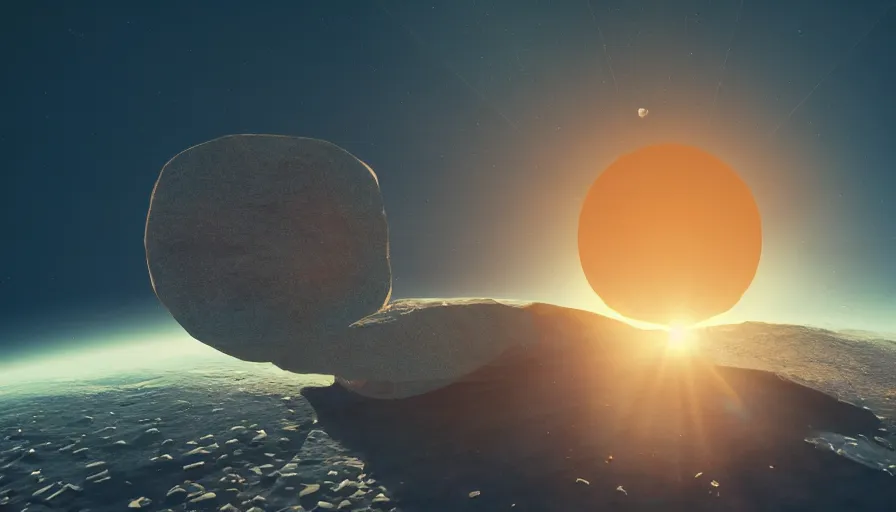 Image similar to hexagon in front of sun, planet earth visible below, trending on art station, 8 k, octane render