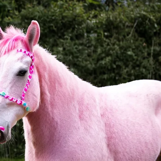 Prompt: a horse with pink dot pattern fur
