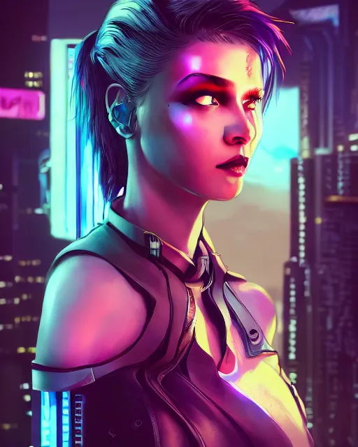 Prompt: photo of a woman by CD Projekt Red and Prywinko and gantzu, cyberpunk, vaporwave, Halter-top, face, cute, shaded lighting, beautiful, realistic, perfect, extremely detailed, deviantart, artstation, 4k, 8k, Cyberpunk 2077, Blade Runner