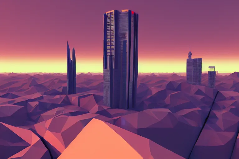 Prompt: lowpoly blender render of a skyscraper in a fantastic landscape against an incredible cloudy sunset, by syd mead