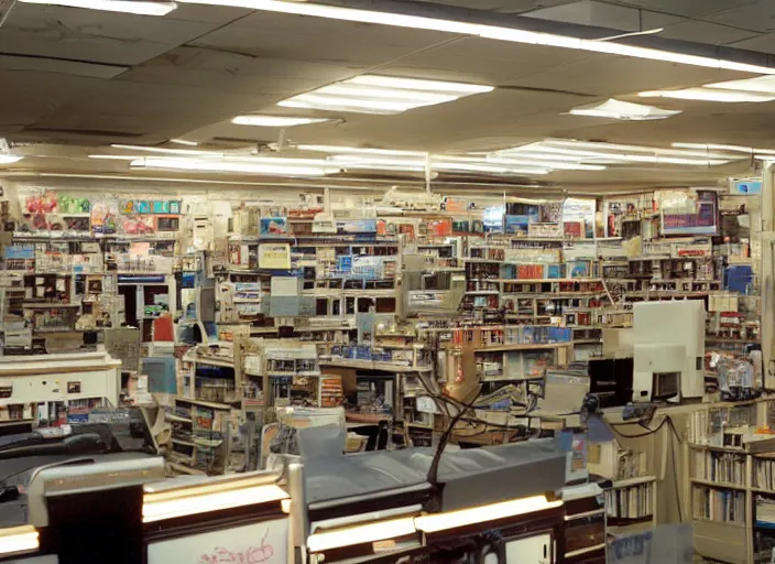 Image similar to cinematic wide shot of backlit windows of a narrow used electronics store, octavia spencer wanders the messy aisles, keyboards, iconic scene from the paranoid thriller sci fi film directed by stanley kubrick, anamorphic cinematography, beautiful composition, color theory, leading lines, photorealistic, volumetric lighting