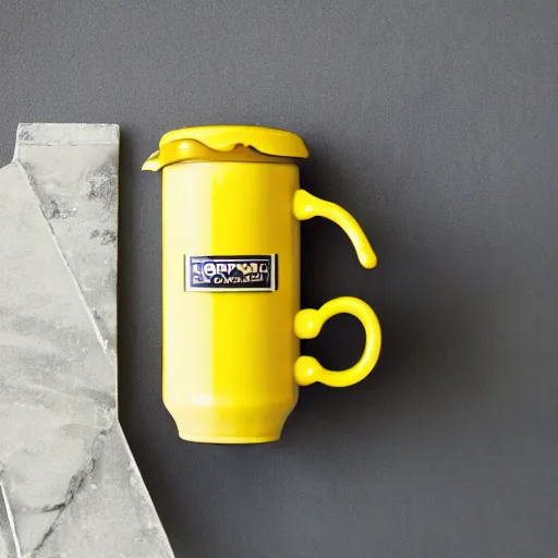 Prompt: yellow coffee mug that looks like a rimowa portmanteau, steaming coffee