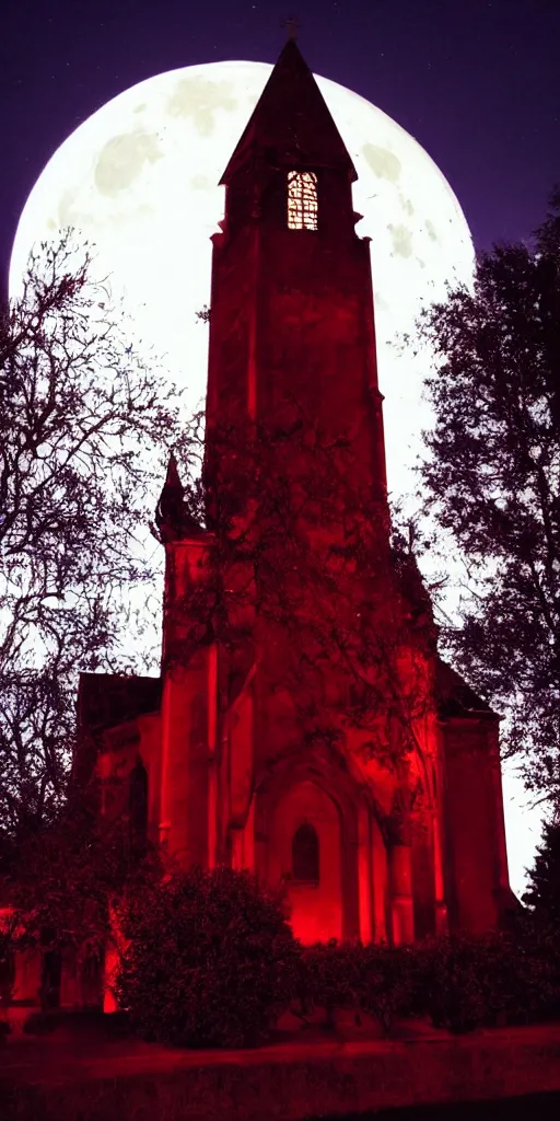 Prompt: satanic church with a red lighting of the interior illuminated by the moon : : ultra mystic : : cinematic