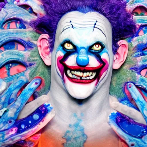 Image similar to 4K headshot of godlike clown with blue skin with defined arms and open hands and bloody clothes with giant mandala wings , white intricate scary clown makeup , flawless anime cel animation by Kentaro Miura, psychedelic , highly detailed upper body , professionally post-processed , beautiful, scary, symmetry accurate features, epic, octane rendered, anime masterpiece, accurate