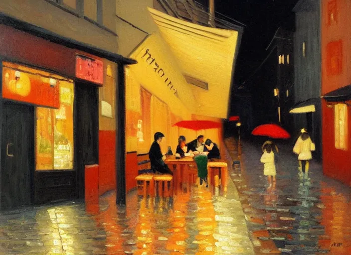 Image similar to last open ramen place in a street at night, melancholic, rainy night, in the style of australian tonalism, oil on canvas