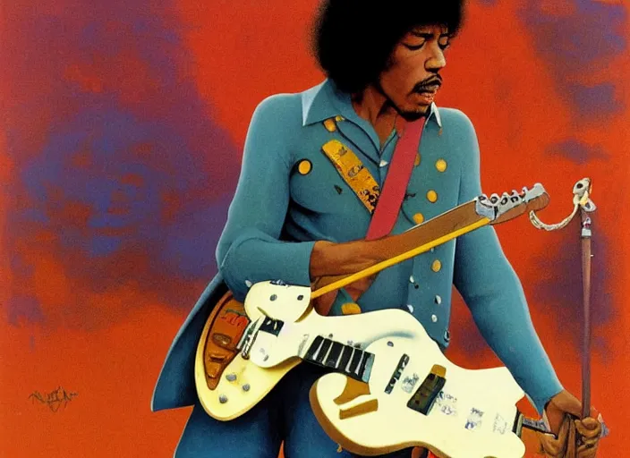 Image similar to jimi hendrix performing at woodstock illustrated by ralph mcquarrie