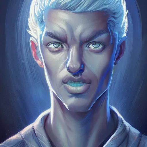 Prompt: head-on symmetrical centered painted portrait, a blue-skinned man in his twenties as a D&D wizard, fantasy, intricate, elegant, highly detailed, digital painting, smooth, sharp focus, illustration, artstation, in the style of Artgerm and Anna Podedworna and Charlie Bowater