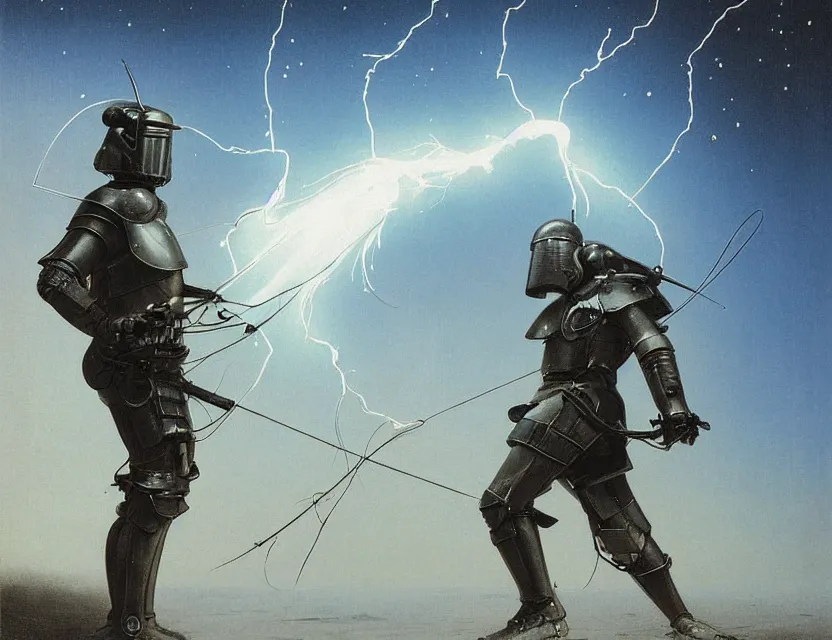 Prompt: a detailed portrait painting of a lone shock trooper in plate armour and visor. cinematic sci-fi poster. Flight suit, cloth and wires, accurate anatomy. Samurai influence, knight influence. fencing armour. portrait symmetrical and science fiction theme with lightning, aurora lighting. clouds and stars. Futurism by moebius beksinski carl spitzweg moebius and tuomas korpi. baroque elements. baroque element. intricate artwork by caravaggio. Oil painting. Trending on artstation. 8k