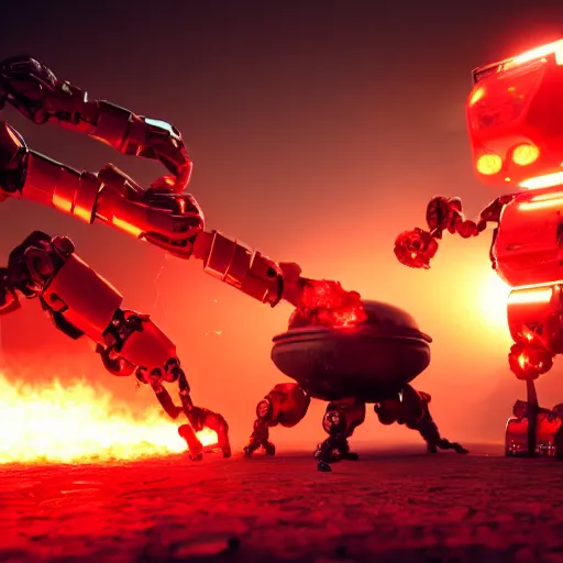 Image similar to apocalyptic, a very strong robot with red enerygies shaking the hand with an mighty alien creature with 5 eyes. smoke. volumetric lighting, sharp focus, ultra detailed, cgsociety - w 1 0 2 4 - n 8 - i