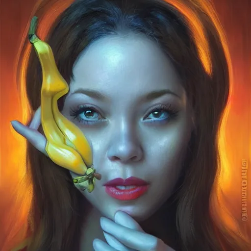 Prompt: portrait of a banana woman ( 3 5 ) from banana palm in 2 0 2 1, an oil painting by ross tran and thomas kincade