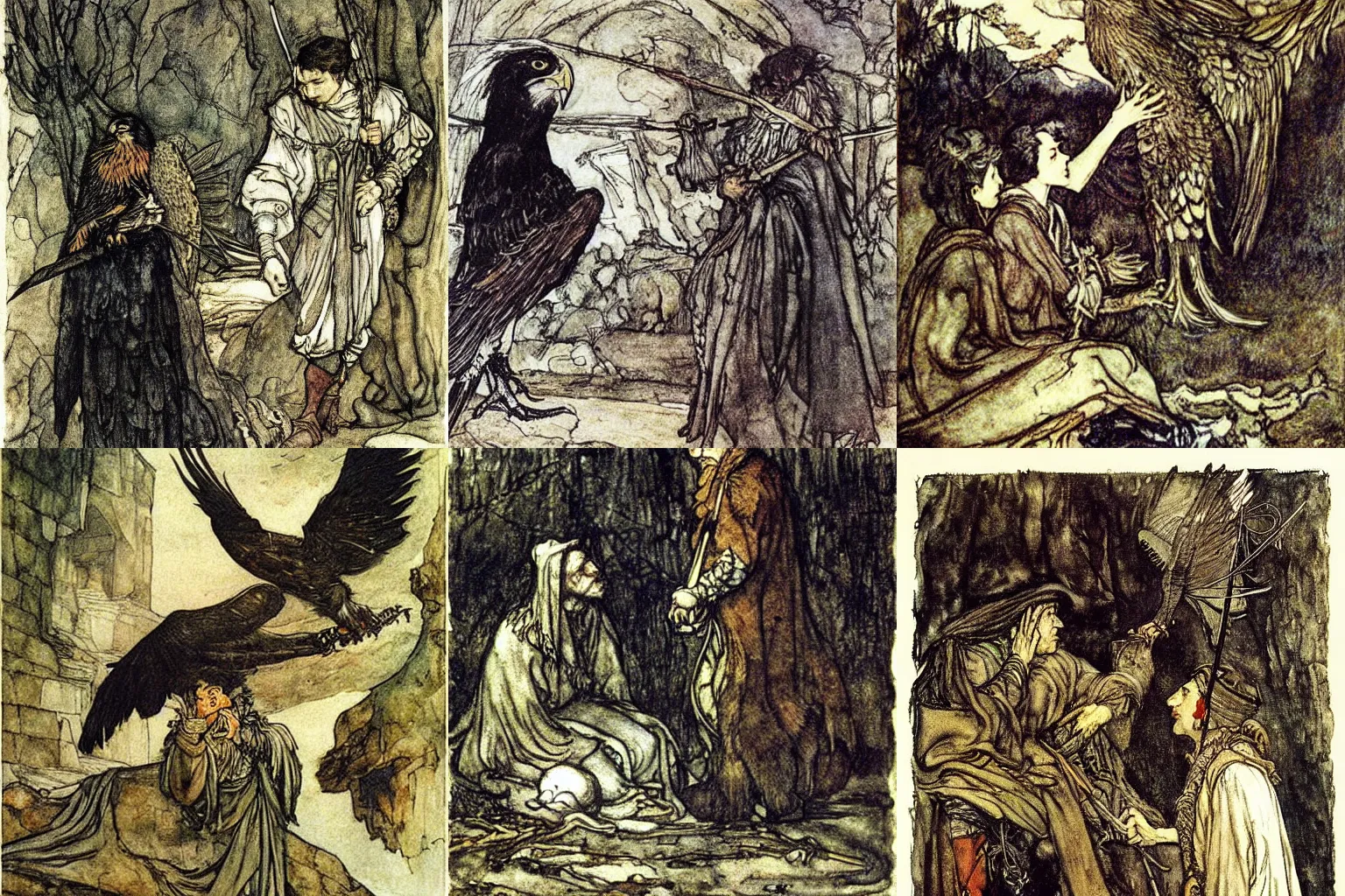 Prompt: the falcon cannot hear the falconer. painting by arthur rackham and diego velazquez