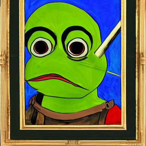 Image similar to pepe the frog in ww 1 military parade, schirmmutzen, pickelhaube, expressive oil painting in style of sandro botticelli and leonardo da vinci, uncropped