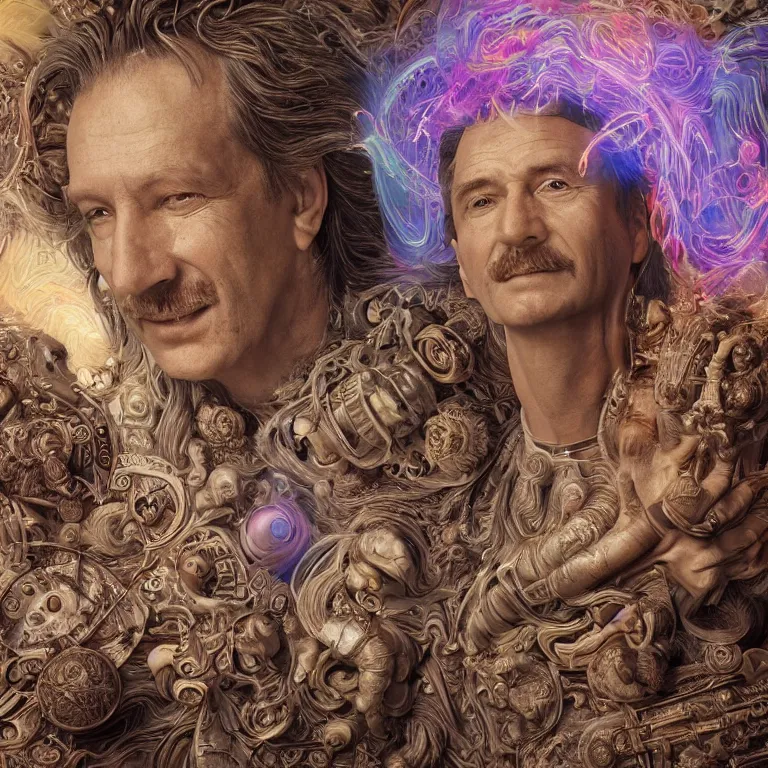 Image similar to octane render portrait by wayne barlow and carlo crivelli and glenn fabry and salvador dali and wes anderson, the ancient roman god of dmt, surrounded by a swirling whirldwind of psychedelic explosions, cinema 4 d, ray traced lighting, very short depth of field, bokeh